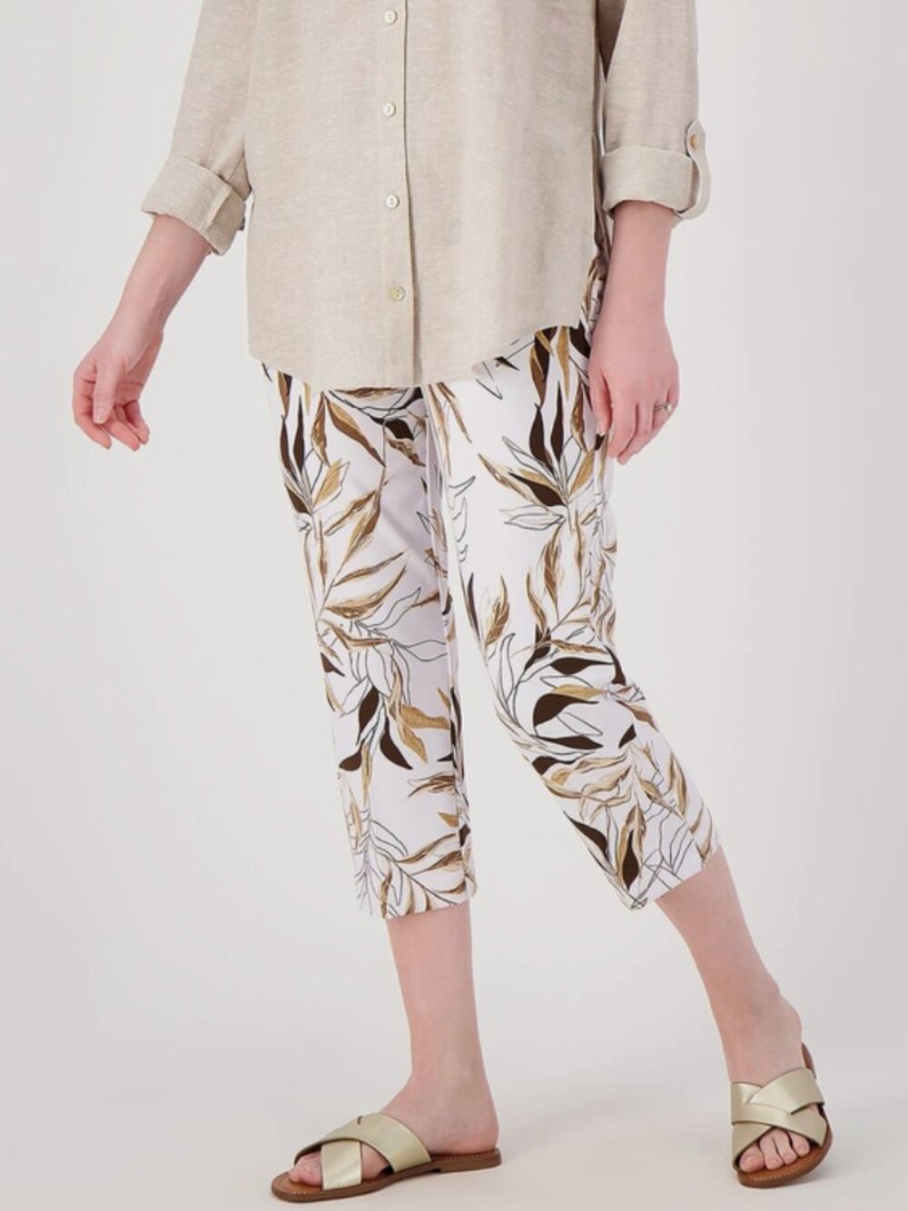 Susan Graver LK Fusion Ava Slim Crop Pants Capri White/Taupe Size XL, 5X